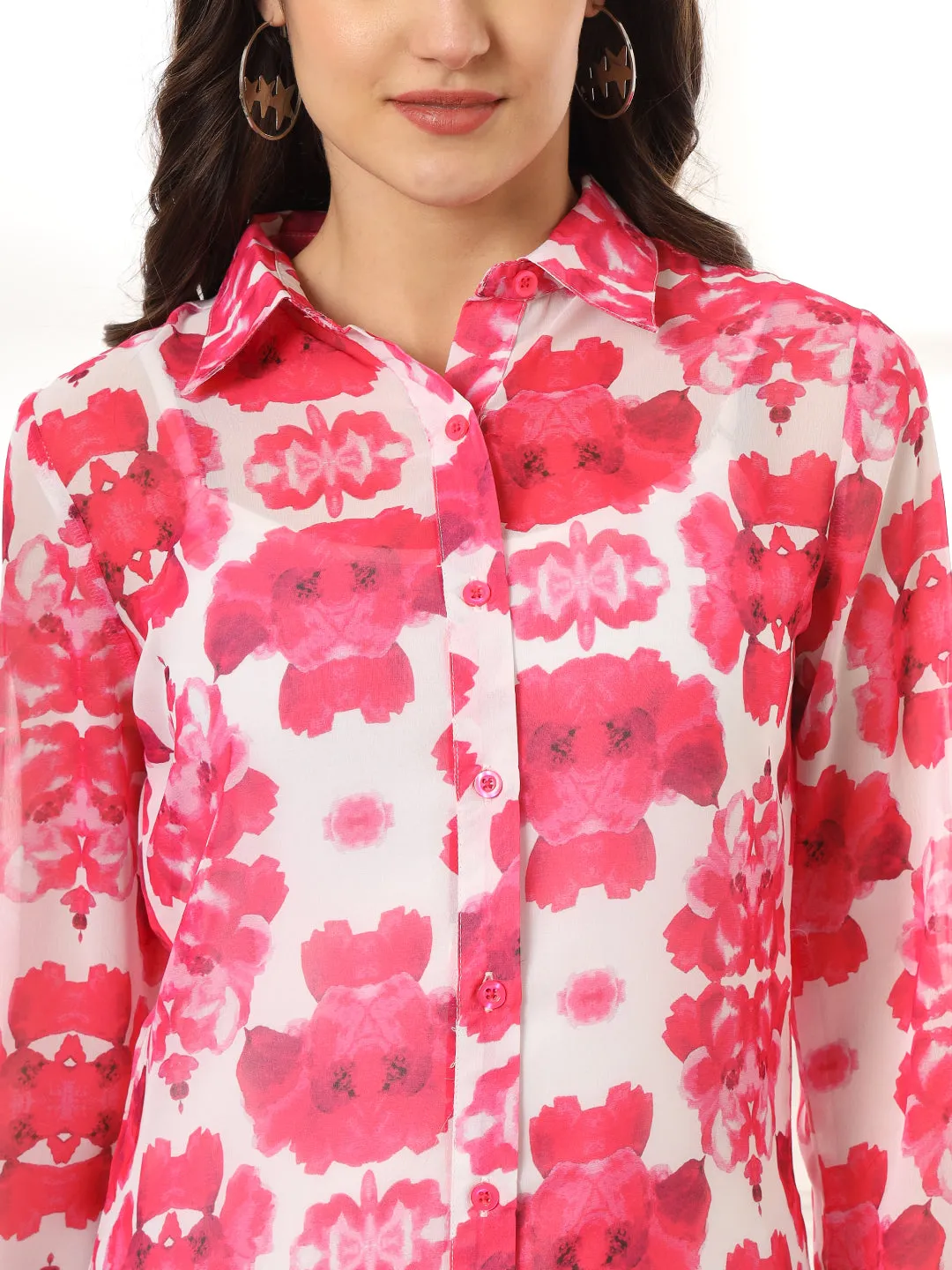 Women Classic Floral Semi Sheer Printed Casual Shirt