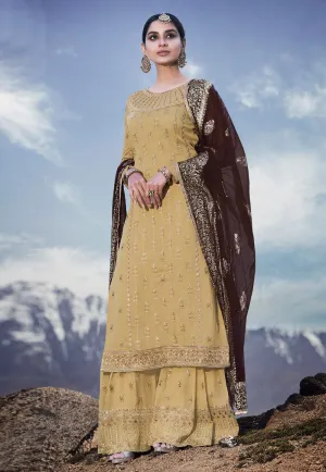 Yellow And Brown Embroidered Palazzo Suit