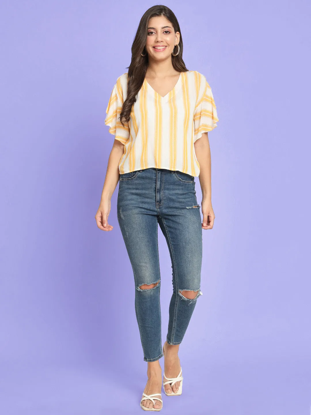 Yellow Striped Extended Sleeves Top